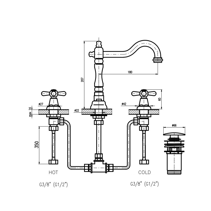RAV Slezák MK132.0SM - Umyvadlová baterie + výpusť MORAVA RETRO stará mosaz