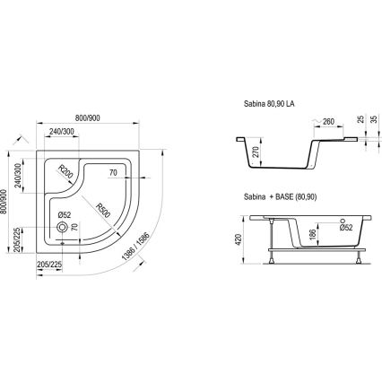Ravak A217001020 - Sprchová vanička čtvrtkruhová SABINA 90x90 cm bílá