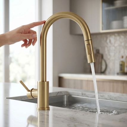 REA-B9842 - Dotyková dřezová baterie s vytahovací sprškou FRESH TOUCH 37 cm 4xAA broušená zlatá