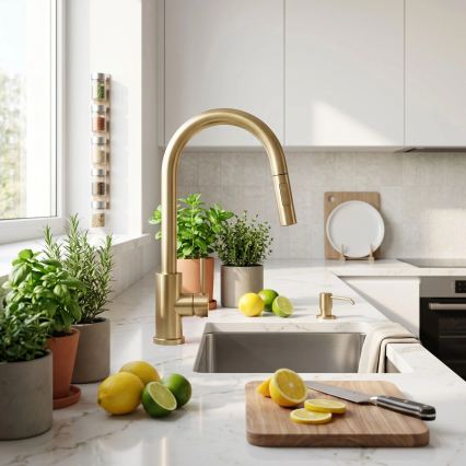 REA-B9842 - Dotyková dřezová baterie s vytahovací sprškou FRESH TOUCH 37 cm 4xAA broušená zlatá