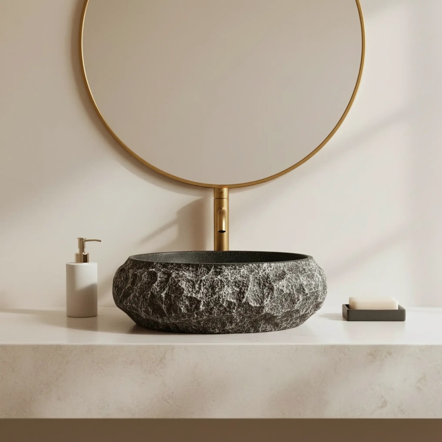 REA-U0634 - Umyvadlo na desku MIKA GABRO 38x50 cm černá/imitace kamene