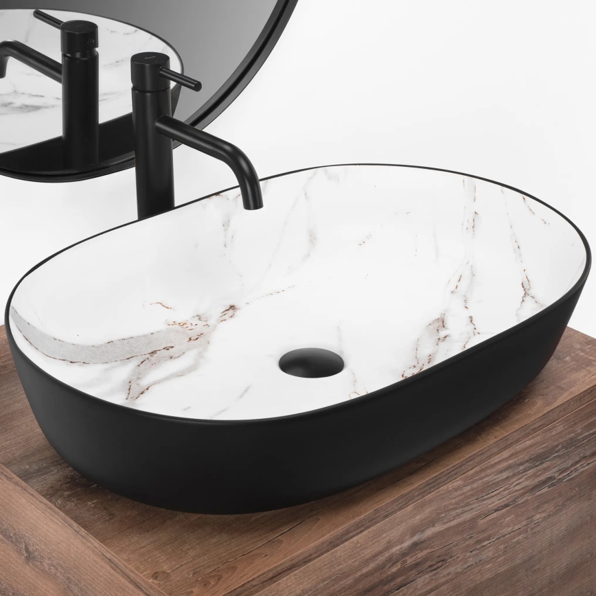 REA-U6625 - Umyvadlo na desku CLEO 41x60,5 cm keramika/černá/bílá/dekor mramoru