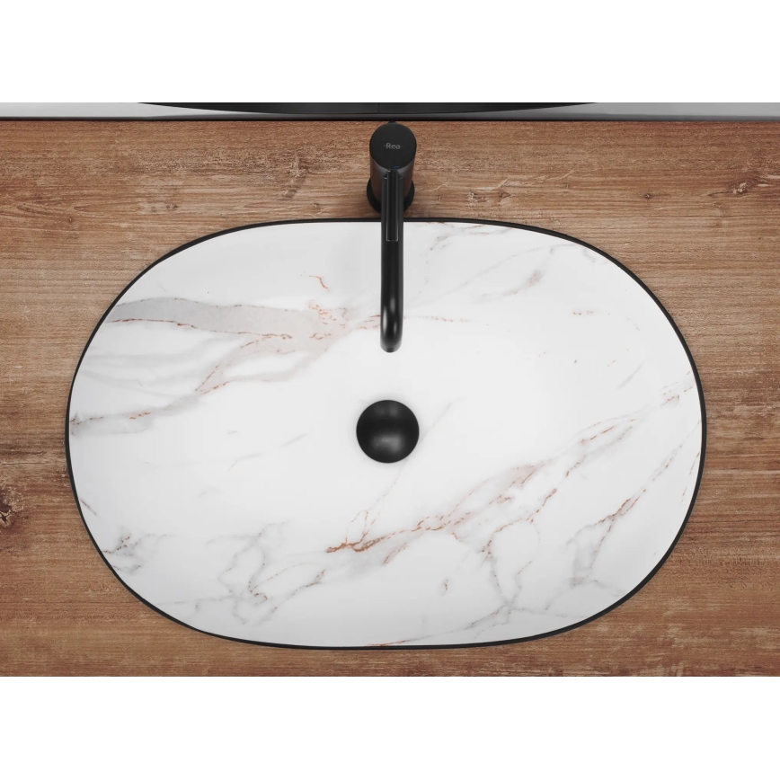 REA-U6625 - Umyvadlo na desku CLEO 41x60,5 cm keramika/černá/bílá/dekor mramoru