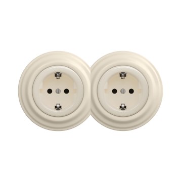 Reblig - Dvojitá retro zásuvka domovní s rámečkem SCHUKO 230V béžová