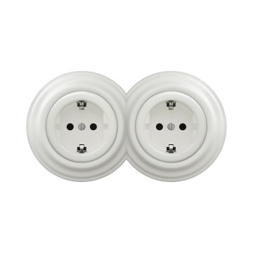 Reblig -Dvojitá retro zásuvka domovní s rámečkem SCHUKO 230V keramická bílá