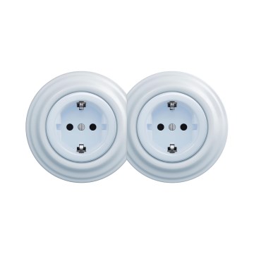 Reblig - Dvojitá retro zásuvka domovní s rámečkem SCHUKO 230V modrá