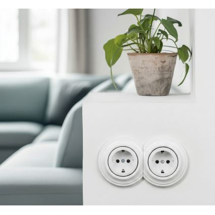 Reblig - Dvojitá retro zásuvka domovní s rámečkem SCHUKO 230V sněhově bílá