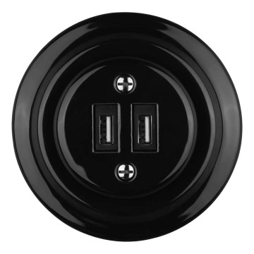 Reblig - Porcelánová retro USB napájecí zásuvka s rámečkem 2xUSB-A černá