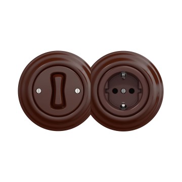 Reblig - Retro jednopólový vypínač č. 1 a zásuvka SCHUKO 230V s rámečkem hnědá