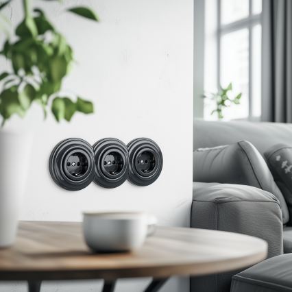 Reblig - Trojitá retro zásuvka domovní s rámečkem SCHUKO 230V antracit