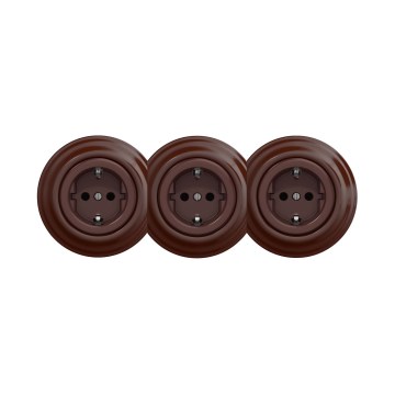 Reblig - Trojitá retro zásuvka domovní s rámečkem SCHUKO 230V hnědá