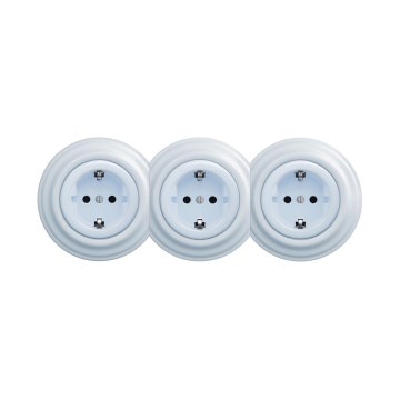 Reblig - Trojitá retro zásuvka domovní s rámečkem SCHUKO 230V modrá