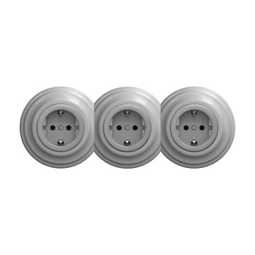 Reblig - Trojitá retro zásuvka domovní s rámečkem SCHUKO 230V šedá