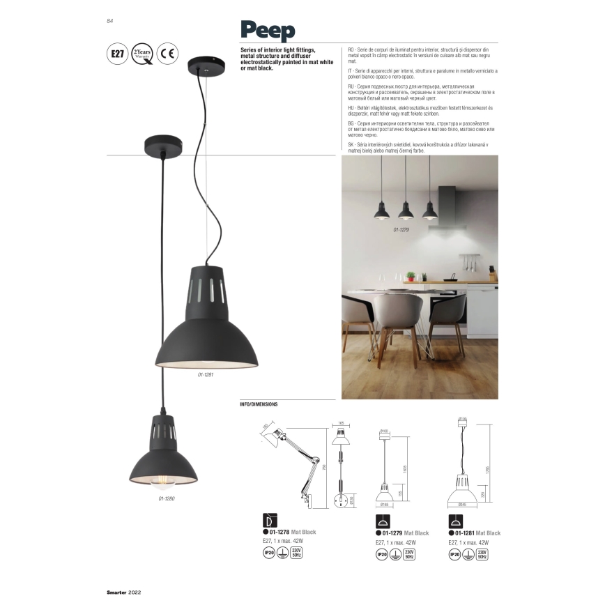 Redo 01-1279 - Lustr na lanku PEEP 1xE27/42W/230V pr. 16,5 cm černá