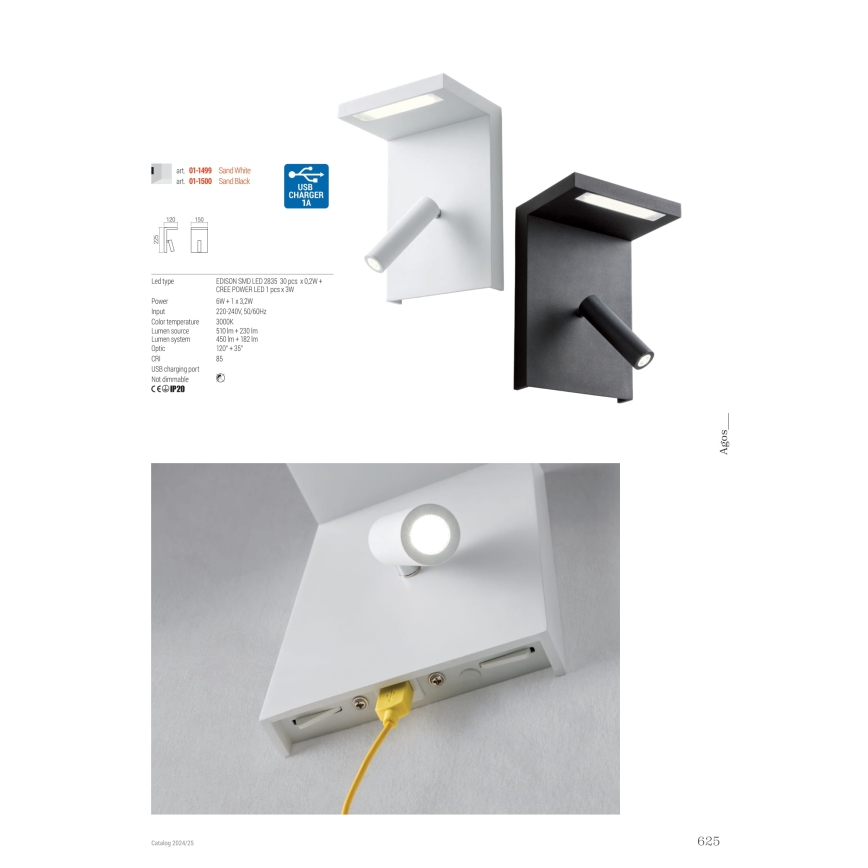 Redo 01-1500 - LED Nástěnné bodové svítidlo AGOS LED/6W/230V + LED/3,2W USB černá