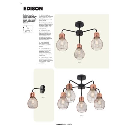 Redo 01-1577 - Lustr na tyči EDISON 5xE27/42W/230V pr. 53 cm černá/měděná