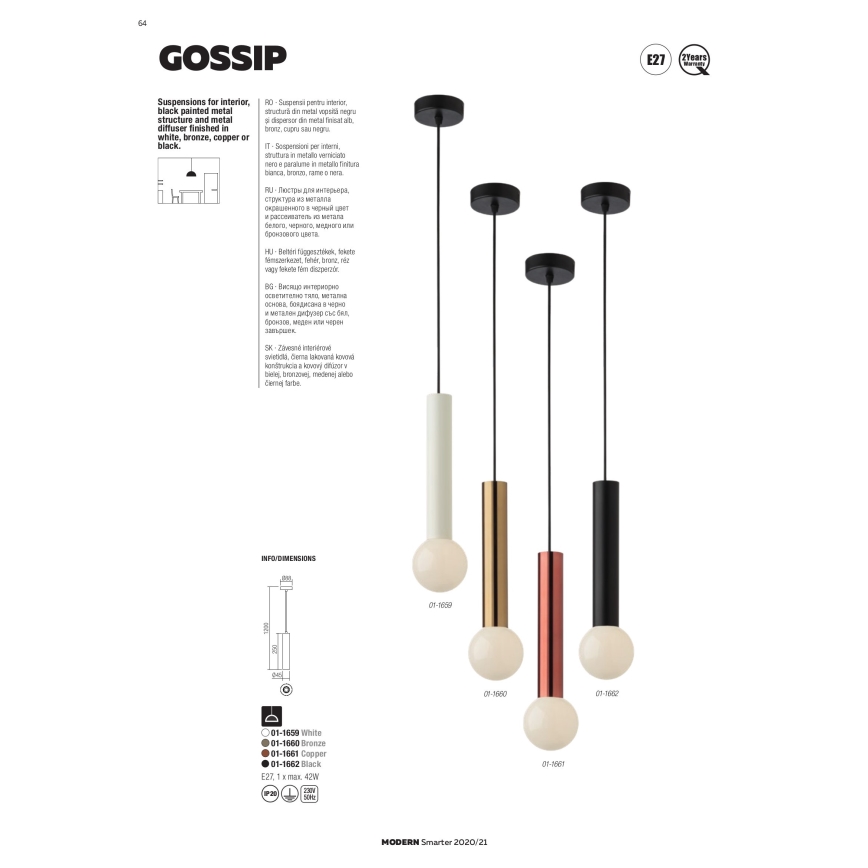 Redo 01-1661 - Lustr na lanku GOSSIP 1xE27/42W/230V měď