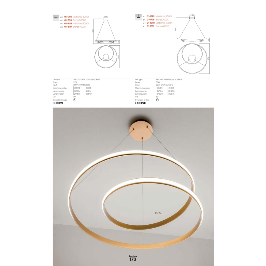 Redo 01-1890 - LED Stmívatelný lustr na lanku TORSION LED/35W/230V 4000K pr. 75 cm bílá