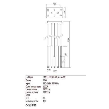 Redo 01-2049 - LED Lustr na lanku MADISON 8xLED/4W/230V lesklý chrom/černá/měď