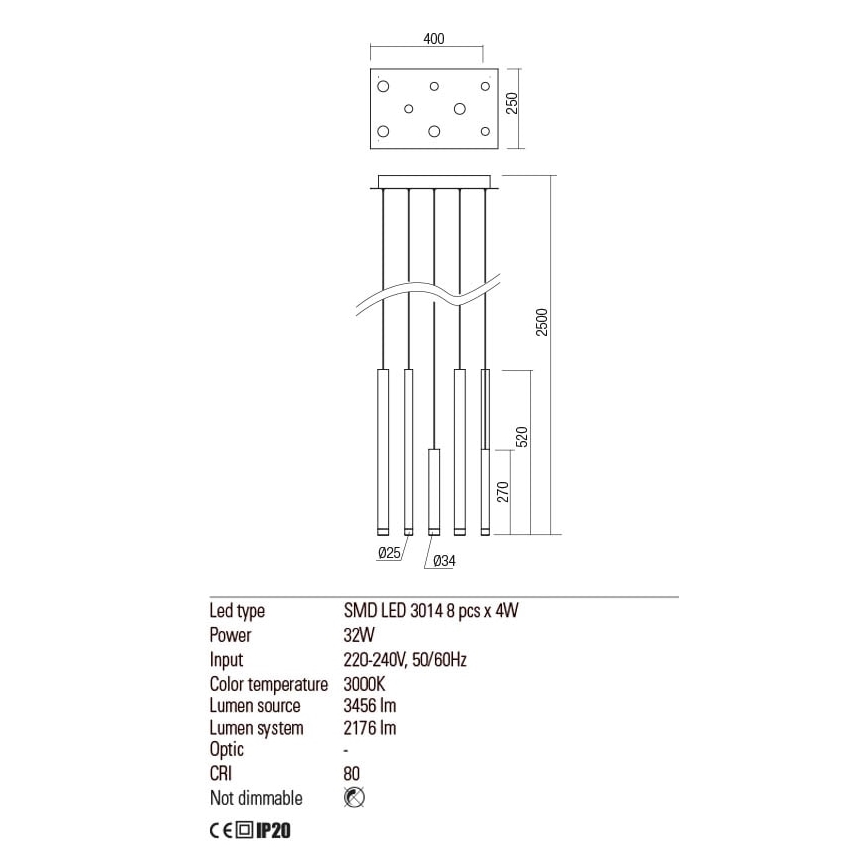 Redo 01-2049 - LED Lustr na lanku MADISON 8xLED/4W/230V lesklý chrom/černá/měď