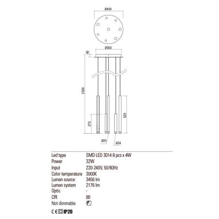 Redo 01-2052 - LED Lustr na lanku MADISON 8xLED/4W/230V černá