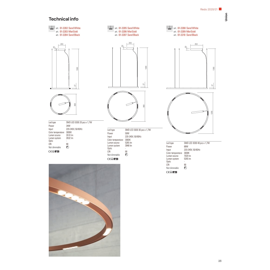 Redo 01-2208 - LED Lustr na lanku UNION LED/68W/230V CRI 90 3000K pr. 120 cm bílá