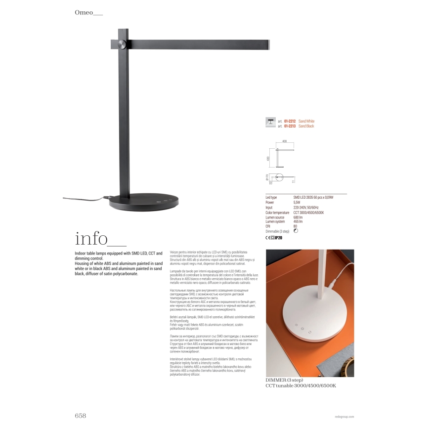 Redo 01-2212 - LED Stmívatelná dotyková stolní lampa OMEO LED/5,5W/230V 3000/4500/6500K bílá