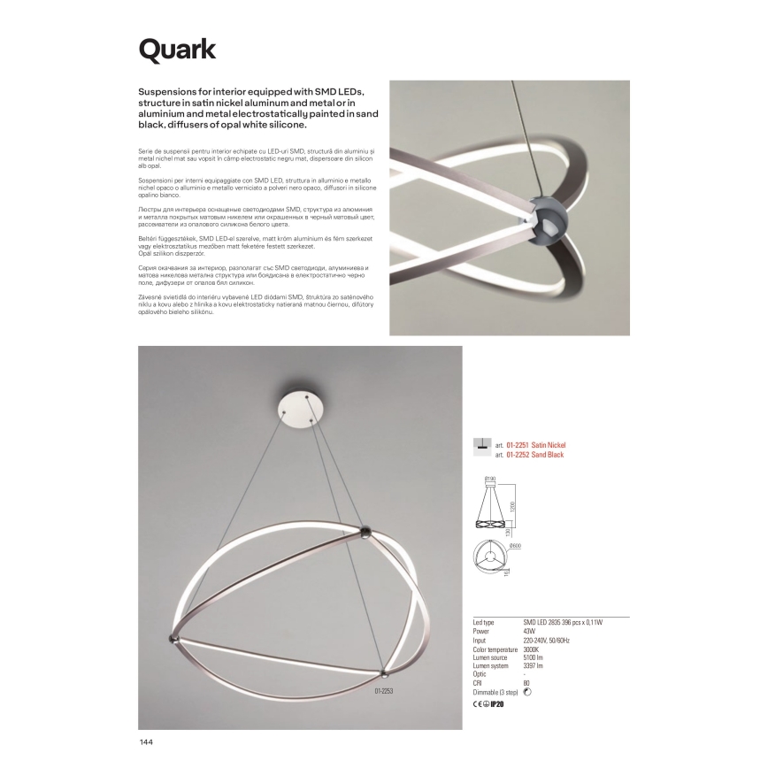 Redo 01-2251 - LED Stmívatelný lustr na lanku QUARK LED/43W/230V 3000K pr. 60 cm matný chrom
