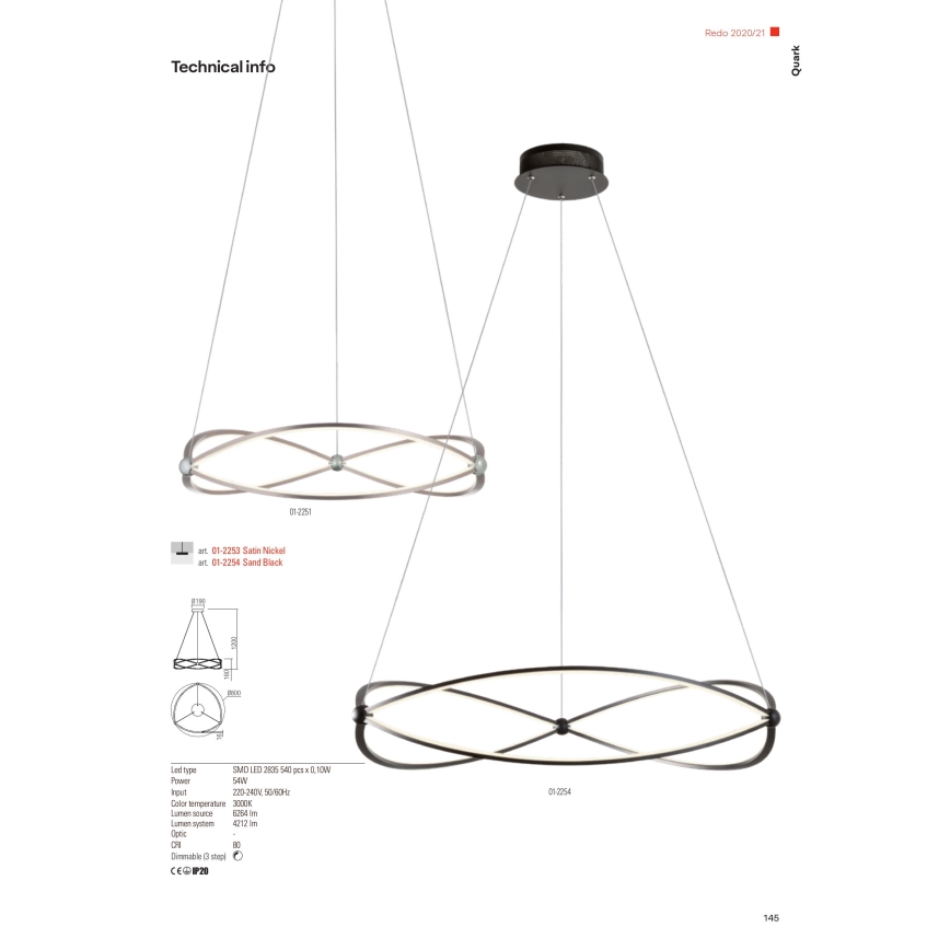 Redo 01-2251 - LED Stmívatelný lustr na lanku QUARK LED/43W/230V 3000K pr. 60 cm matný chrom