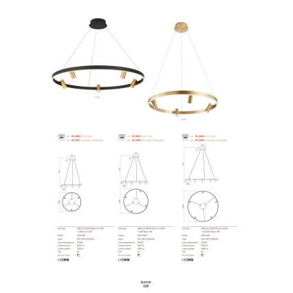 Redo 01-2492 - LED Lustr na lanku SUMMIT LED/53,5W/230V CRI 90 pr. 80,8 cm zlatá