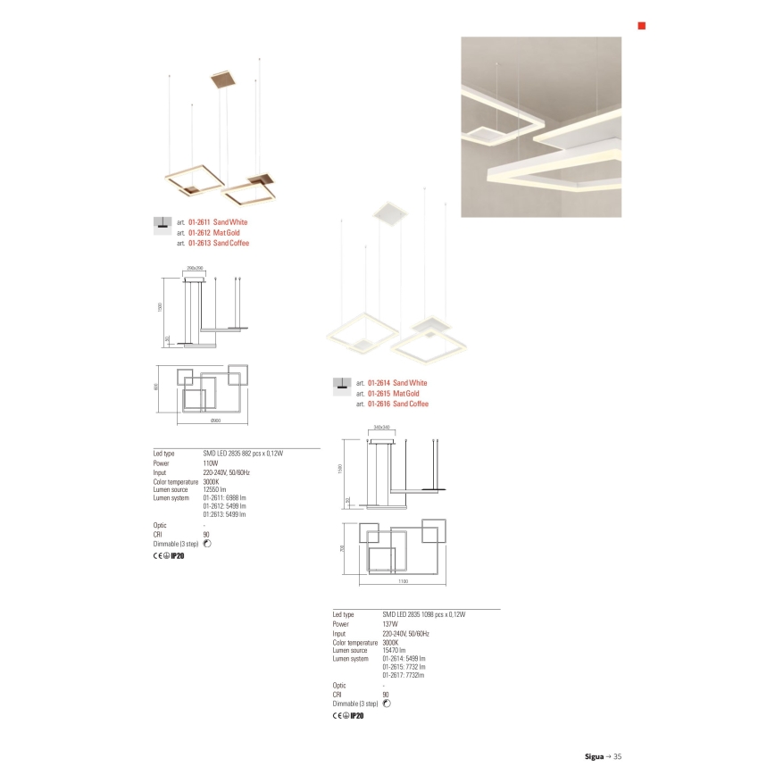 Redo 01-2611 - LED Stmívatelný lustr na lanku SIGUA LED/110W/230V CRI 90 bílá