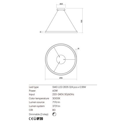 Redo 01-2676 - LED Stmívatelný lustr na lanku ICONIC LED/60W/230V pr. 78 cm zlatá