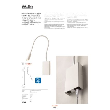 Redo 01-2754 - LED Flexibilní lampička WALLIE LED/3W/230V USB CRI 90 bílá