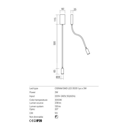 Redo 01-2754 - LED Flexibilní lampička WALLIE LED/3W/230V USB CRI 90 bílá