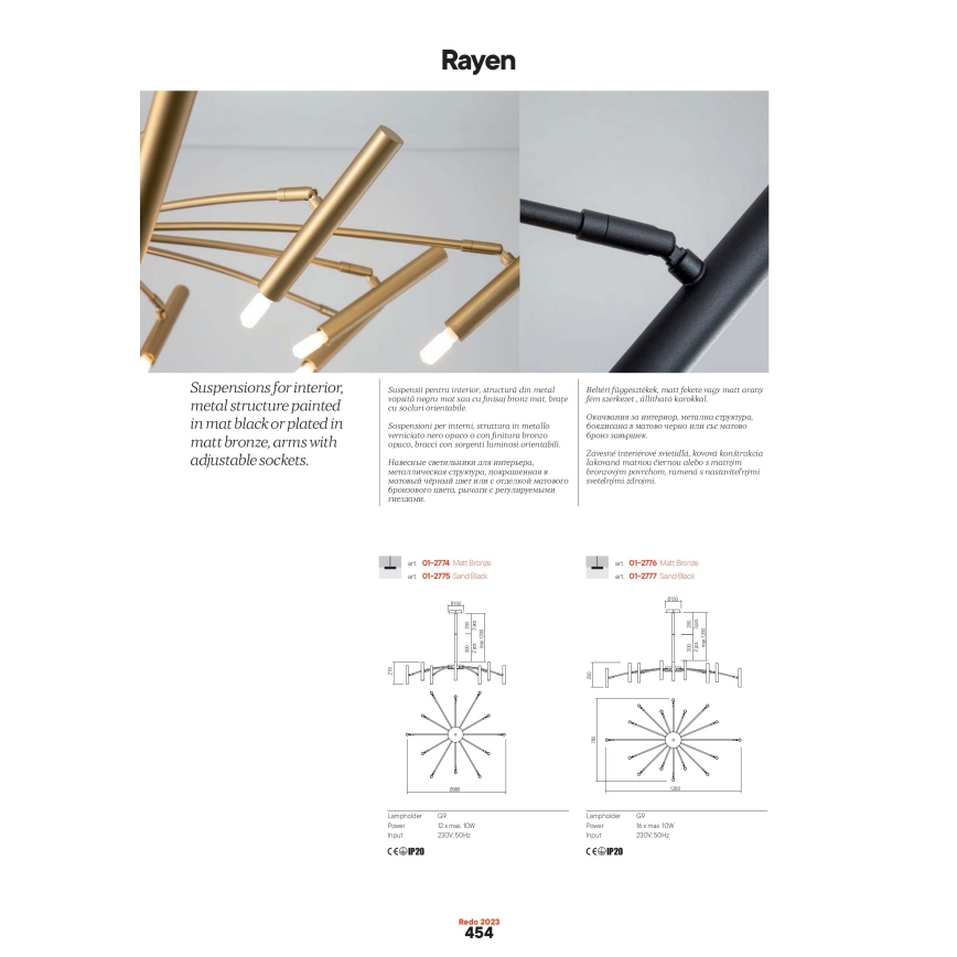 Redo 01-2774 - Lustr na tyči RAYEN 12xG9/10W/230V bronz