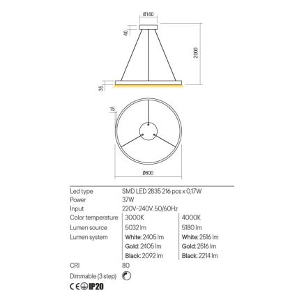 Redo 01-2865 - LED Stmívatelný lustr na lanku FEBE LED/37W/230V zlatá