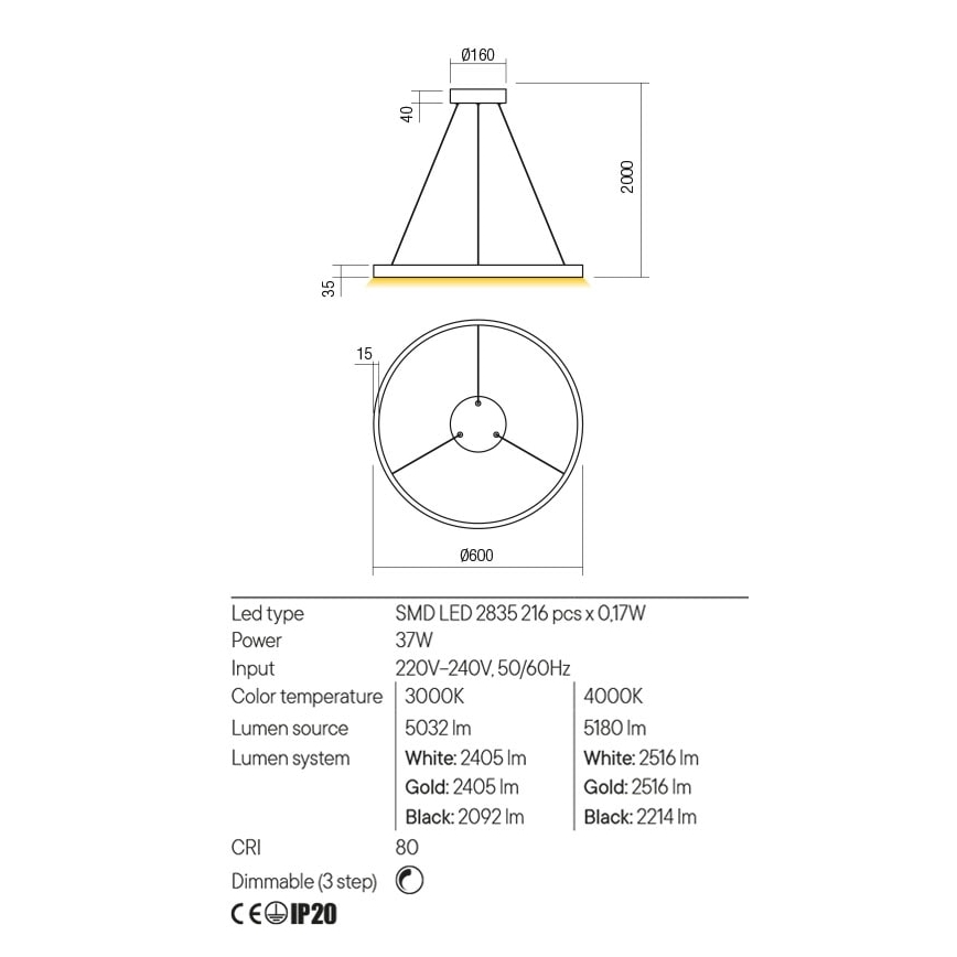 Redo 01-2865 - LED Stmívatelný lustr na lanku FEBE LED/37W/230V zlatá