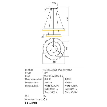 Redo 01-2889 - LED Stmívatelný lustr na lanku FEBE LED/62W/230V zlatá