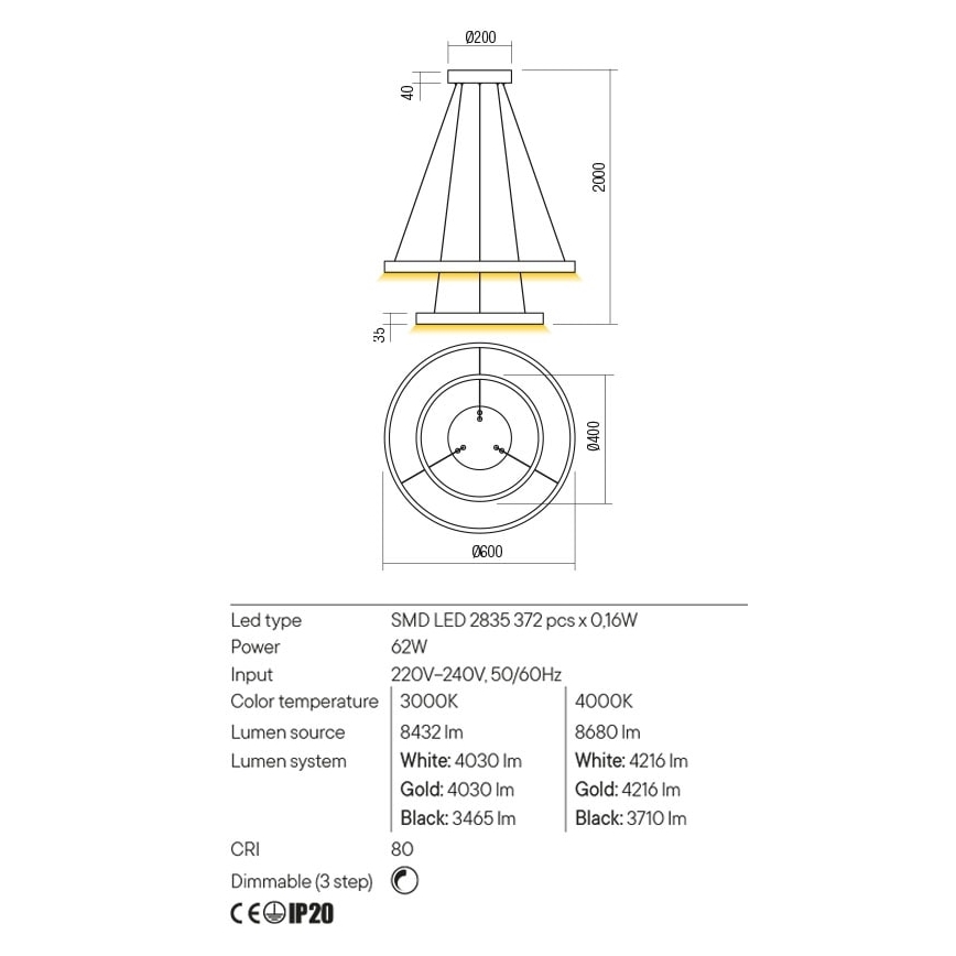 Redo 01-2891 - LED Stmívatelný lustr na lanku FEBE LED/62W/230V černá