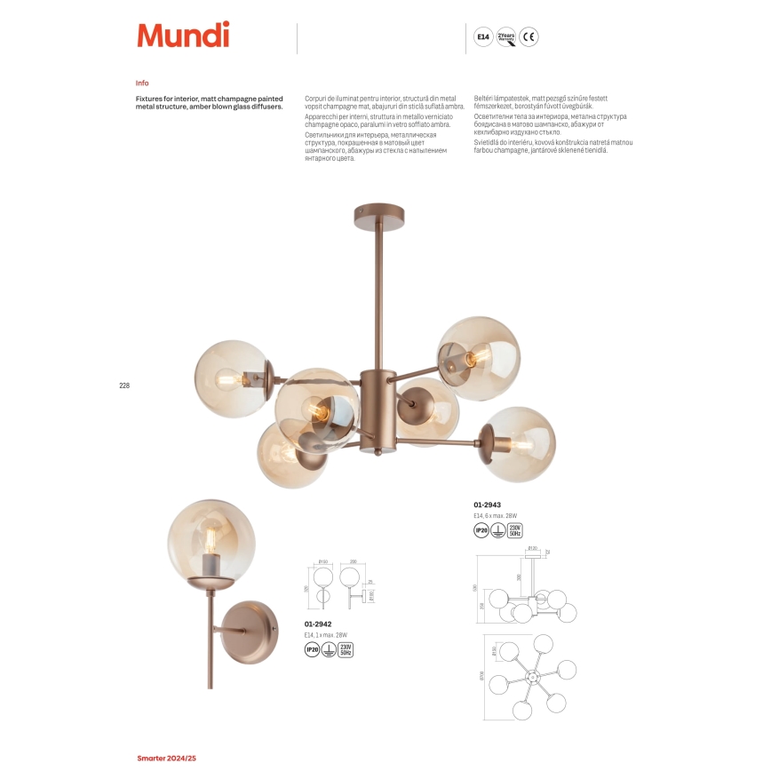 Redo 01-2942 - Nástěnná lampa MUNDI 1xE14/28W/230V měď/kouřová