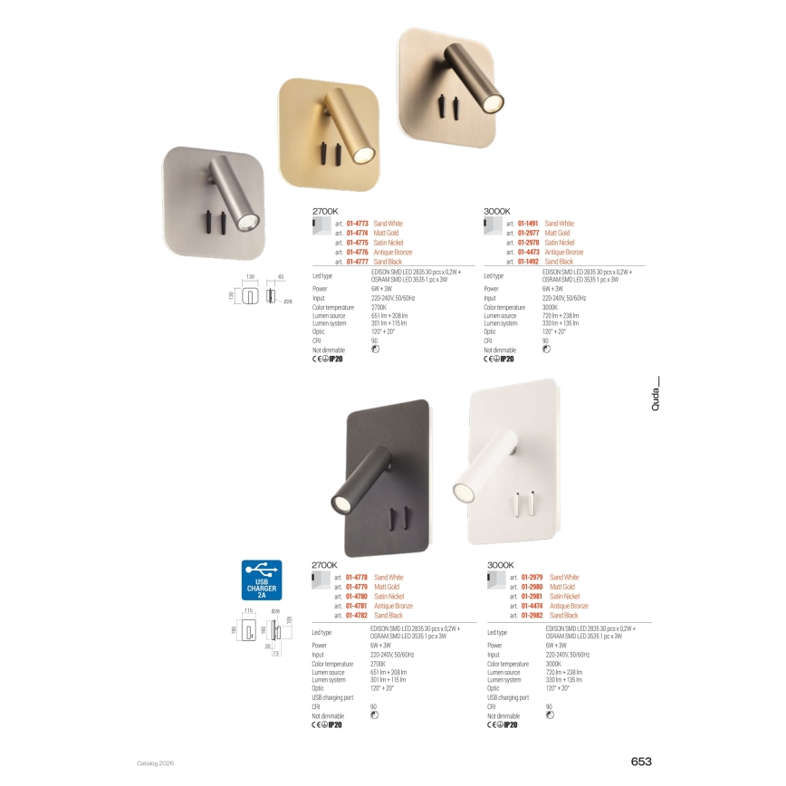 Redo 01-2978 - LED Nástěnné svítidlo QUDA LED/6W/230V + LED/3W 3000K CRI 90 USB matný chrom