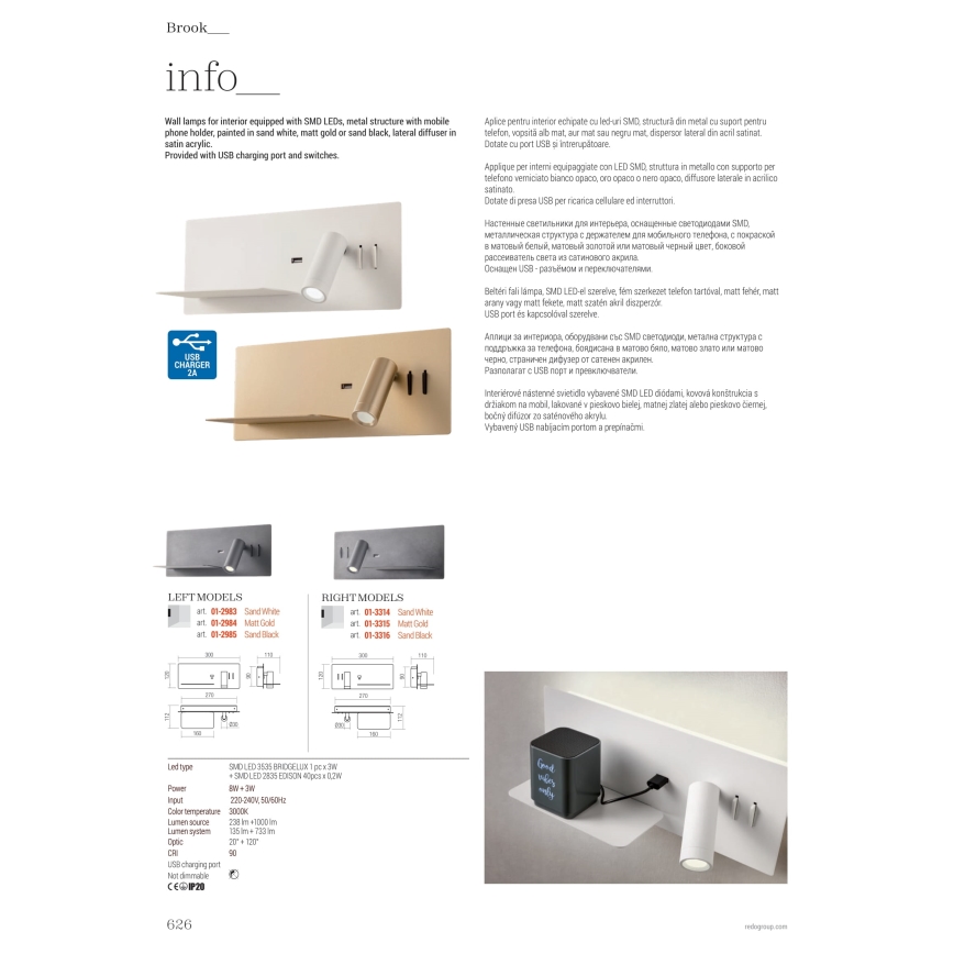 Redo 01-2985 - LED Nástěnné bodové svítidlo BROOK LED/8W/230V + LED/3W USB CRI 90 černá levá