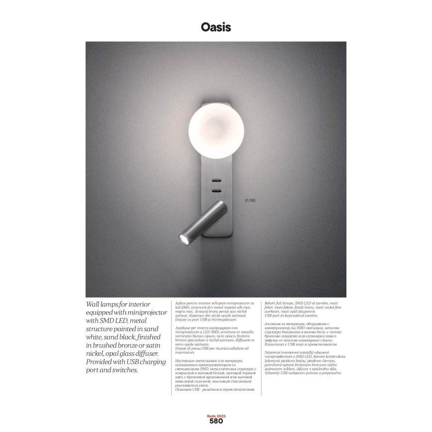 Redo 01-2991 - LED Nástěnné svítidlo OASIS LED/3W/230V + 1xG9/10W USB CRI 90 bílá