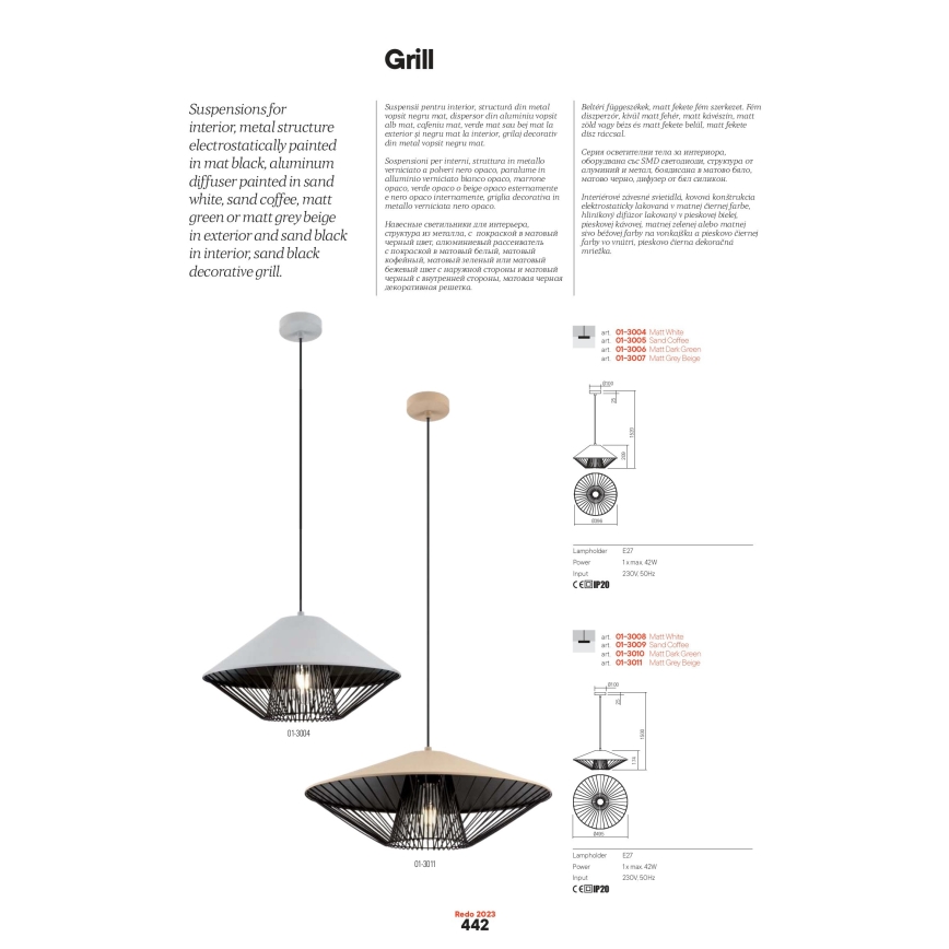 Redo 01-3004 - Lustr na lanku GRILL 1xE27/42W/230V pr. 39,6 cm černá/bílá