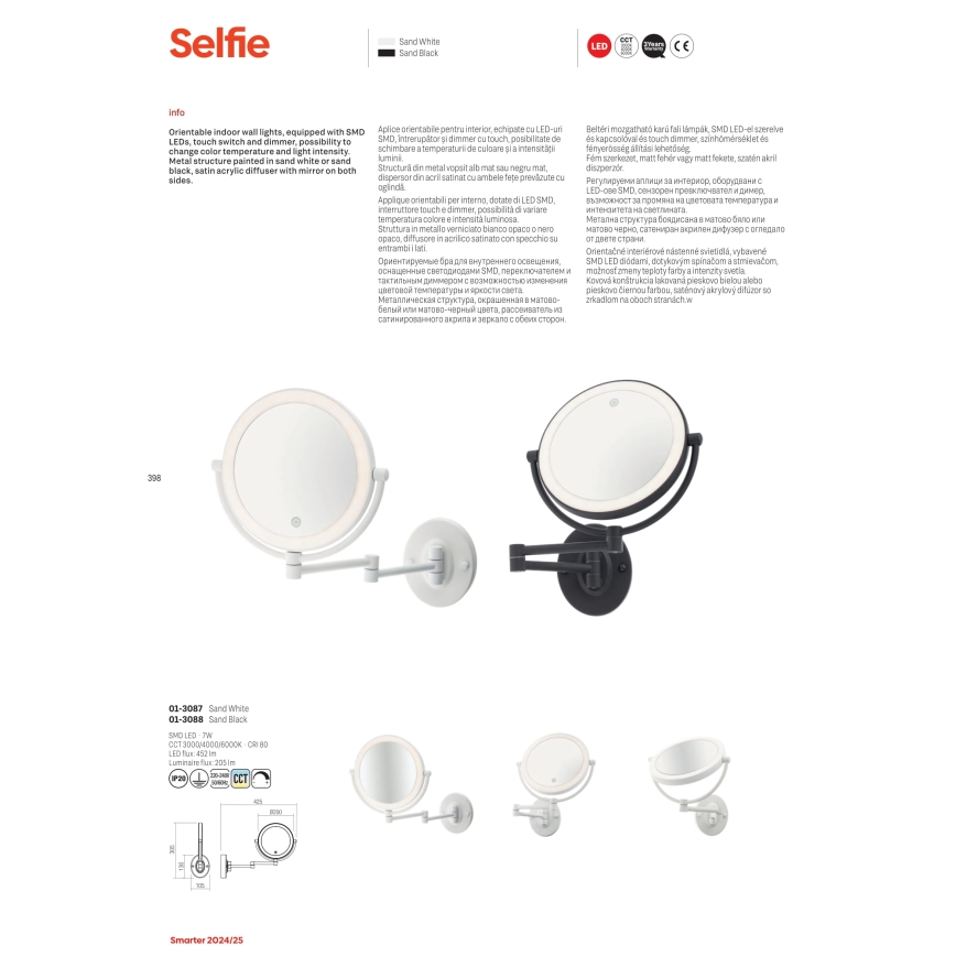 Redo 01-3087 - LED Stmívatelné dotykové kosmetické zrcátko SELFIE LED/7W/230V 3000/4000/6000K bílá