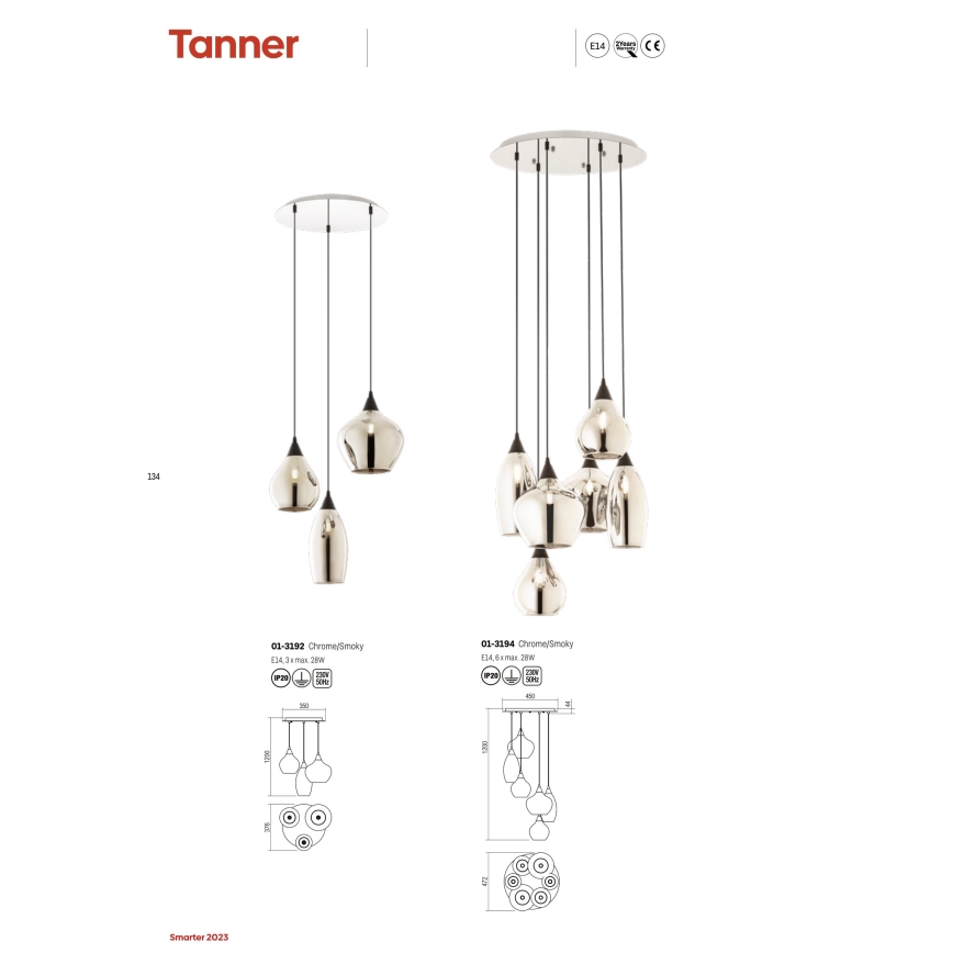 Redo 01-3192 - Lustr na lanku TANNER 3xE14/28W/230V pr. 37,6 cm