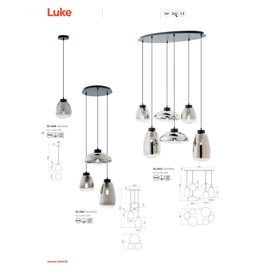 Redo 01-3197 - Lustr na lanku LUKE 3xE27/42W/230V pr. 46 cm černá