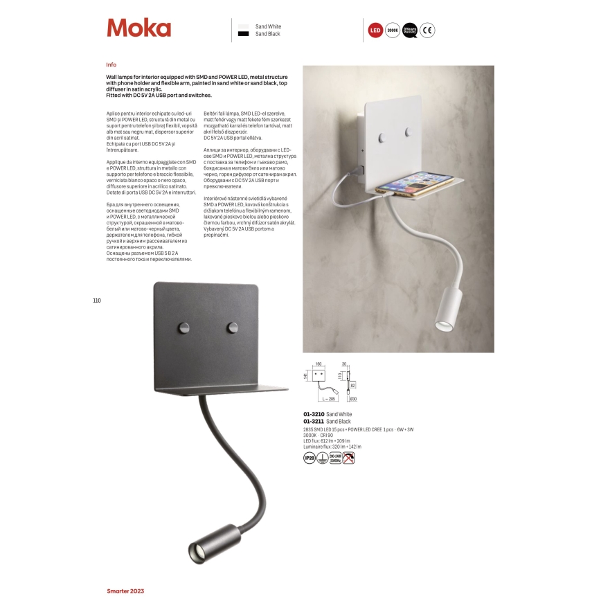 Redo 01-3211 - LED Nástěnné svítidlo s flexibilní lampičkou MOKA LED/6W + LED/3W/230V USB CRI90 černá