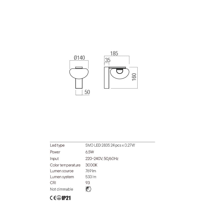 Redo 01-3242 - LED Nástěnné svítidlo SINCLAIR LED/6,5W/230V CRI 93 IP21 černá