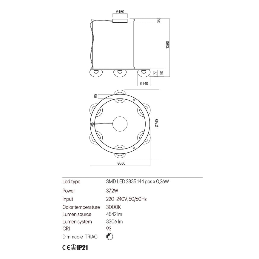 Redo 01-3248- LED Stmívatelný lustr na lanku SINCLAIR LED/37,2W/230V CRI 93 IP21 černá